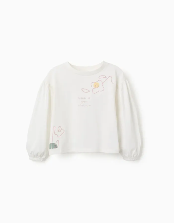 Long sleeve T-shirt with balloon sleeves and print for girls, white