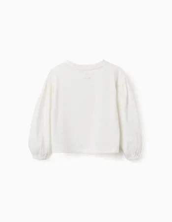 Long sleeve T-shirt with balloon sleeves and print for girls, white