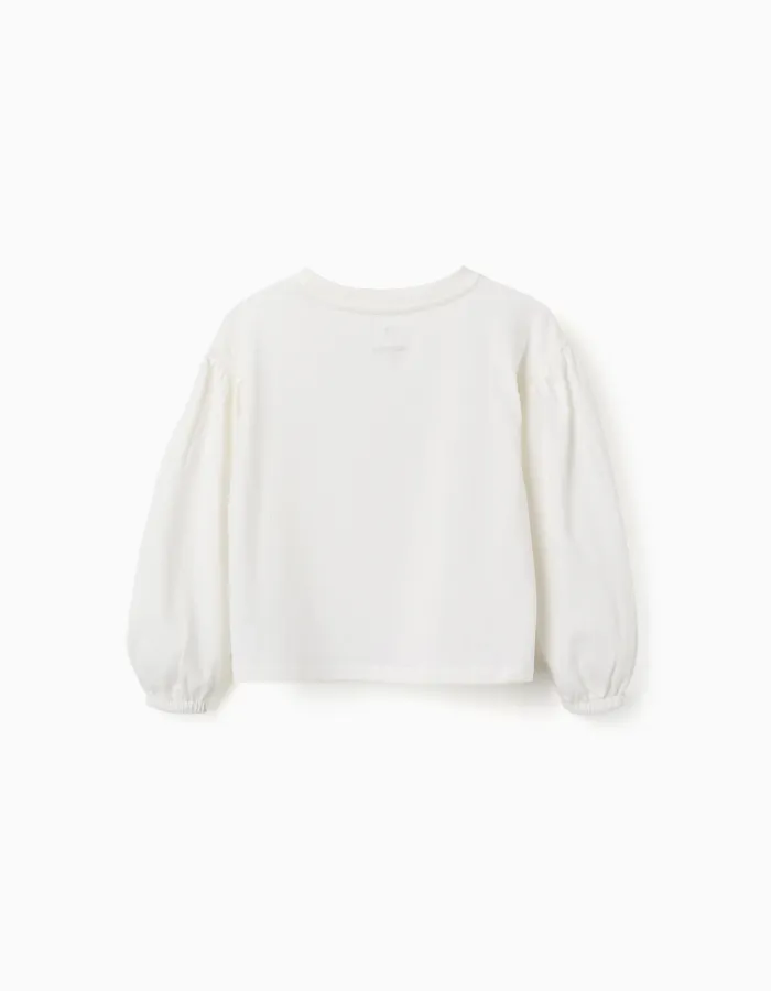 Long sleeve T-shirt with balloon sleeves and print for girls, white