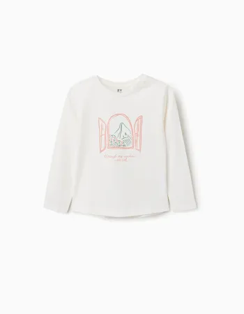 Long sleeve cotton T-shirt with Art and Nature print for girls, white