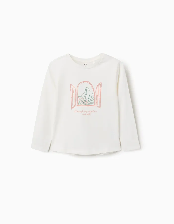Long sleeve cotton T-shirt with Art and Nature print for girls, white