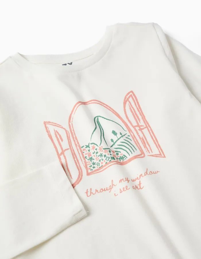 Long sleeve cotton T-shirt with Art and Nature print for girls, white