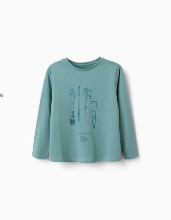 Long sleeve cotton T-shirt with Art and Nature print for girls, blue-green