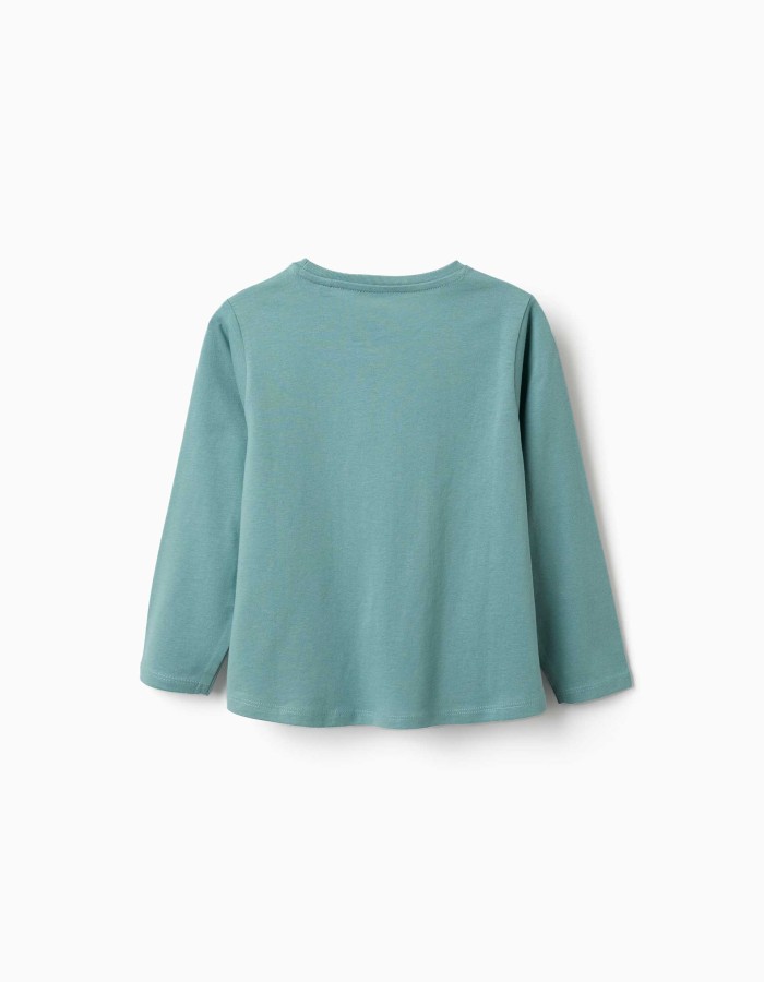 Long sleeve cotton T-shirt with Art and Nature print for girls, blue-green