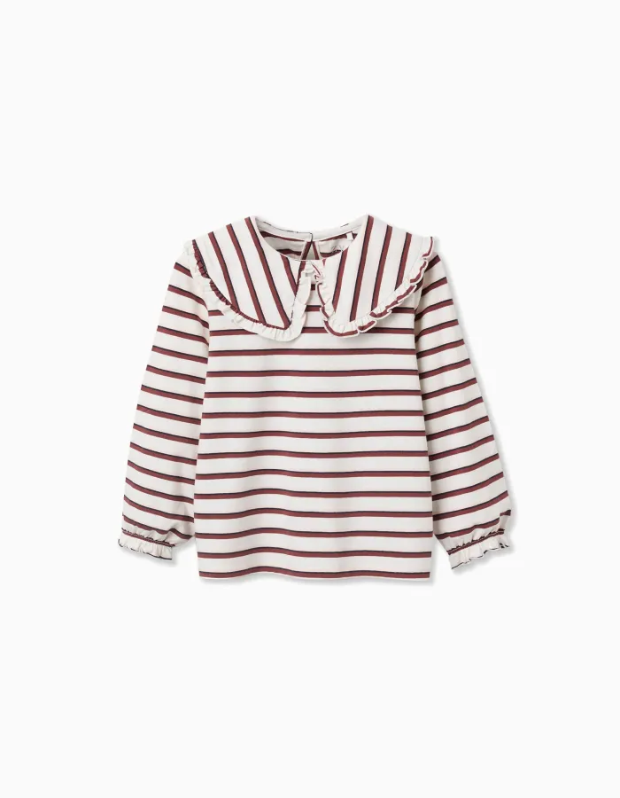 Long sleeve T-shirt with stripes for girls, white/pink/brown/blue