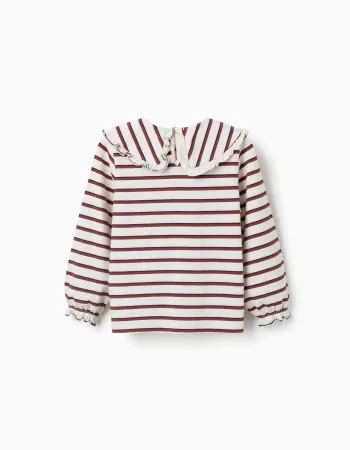 Long sleeve T-shirt with stripes for girls, white/pink/brown/blue