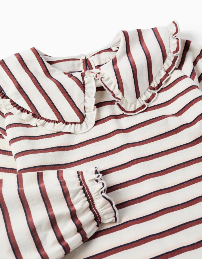 Long sleeve T-shirt with stripes for girls, white/pink/brown/blue