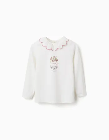 Long sleeve cotton T-shirt with flower vase print for girls, white