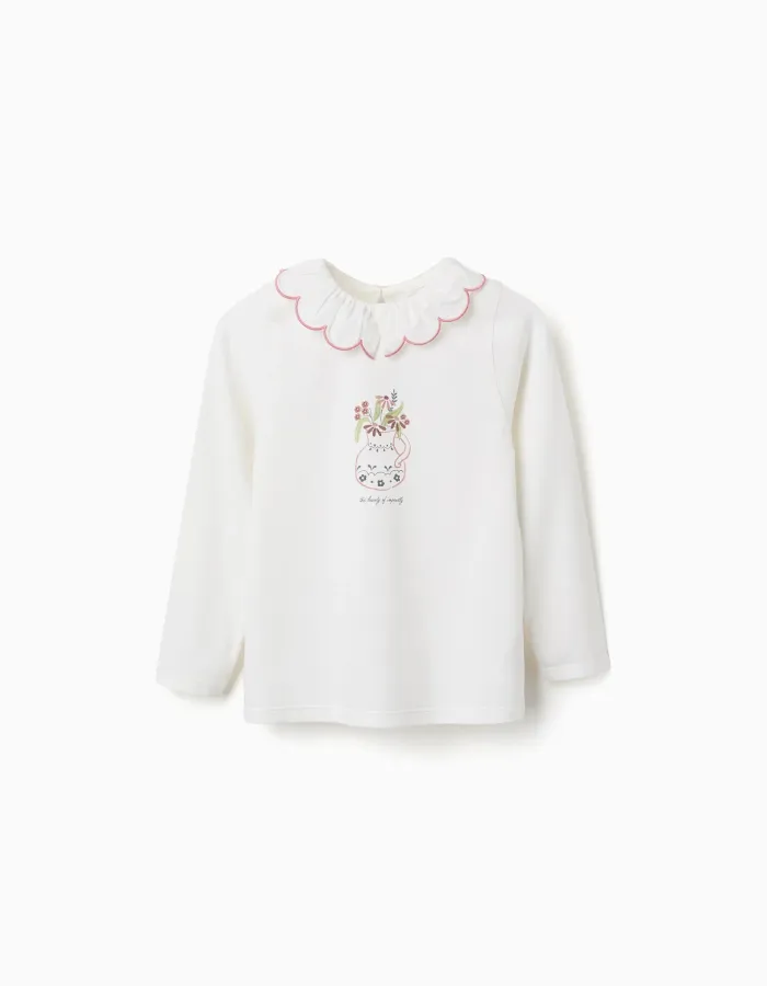 Long sleeve cotton T-shirt with flower vase print for girls, white