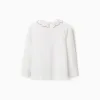 Long sleeve cotton T-shirt with flower vase print for girls, white