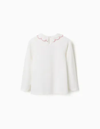 Long sleeve cotton T-shirt with flower vase print for girls, white