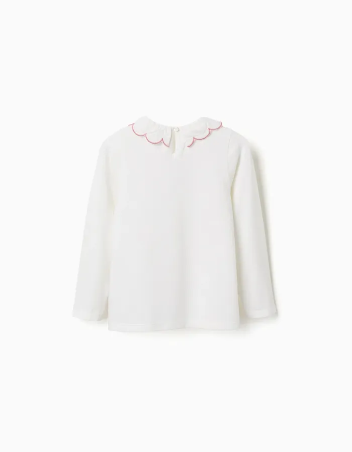Long sleeve cotton T-shirt with flower vase print for girls, white