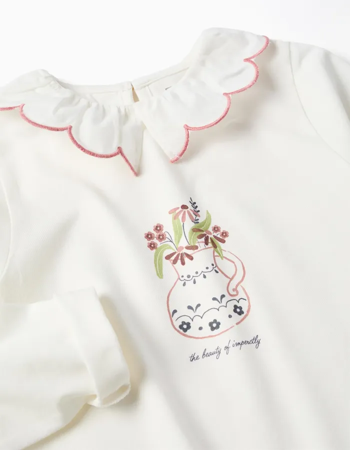 Long sleeve cotton T-shirt with flower vase print for girls, white