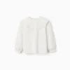 Cotton T-shirt with broderie anglaise maxi collar for girls, white