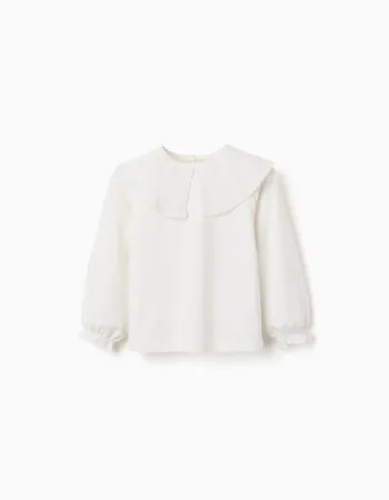 Cotton T-shirt with broderie anglaise maxi collar for girls, white