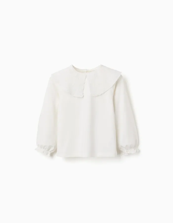 Cotton T-shirt with broderie anglaise maxi collar for girls, white
