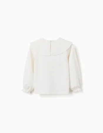Cotton T-shirt with broderie anglaise maxi collar for girls, white