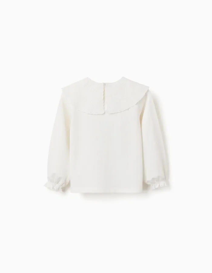 Cotton T-shirt with broderie anglaise maxi collar for girls, white