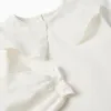 Cotton T-shirt with broderie anglaise maxi collar for girls, white