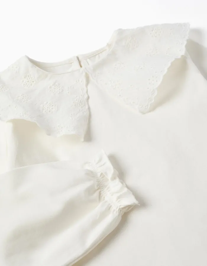 Cotton T-shirt with broderie anglaise maxi collar for girls, white