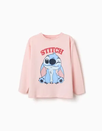 Long sleeve cotton T-shirt with Stitch print for girls, light pink