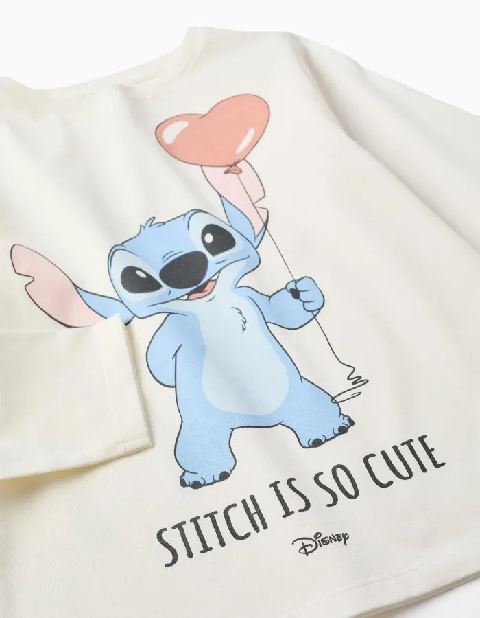 Long sleeve cotton T-shirt with Stitch is Cute print for girls, white