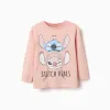 Long sleeve cotton T-shirt with Stitch Vibes print for girls, light pink