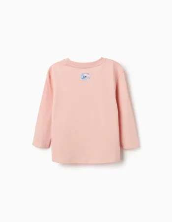 Long sleeve cotton T-shirt with Stitch Vibes print for girls, light pink