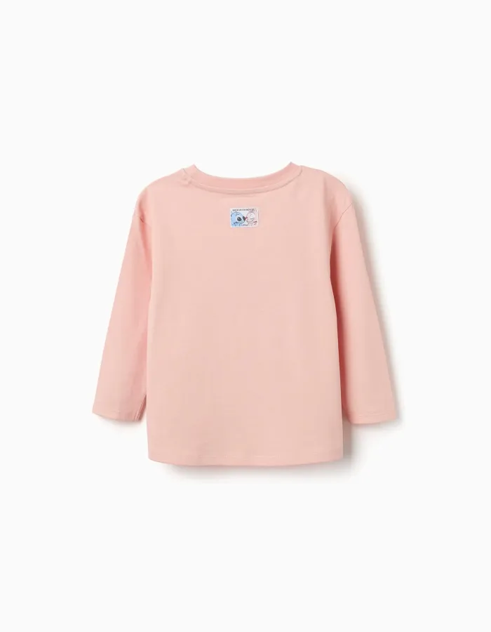 Long sleeve cotton T-shirt with Stitch Vibes print for girls, light pink
