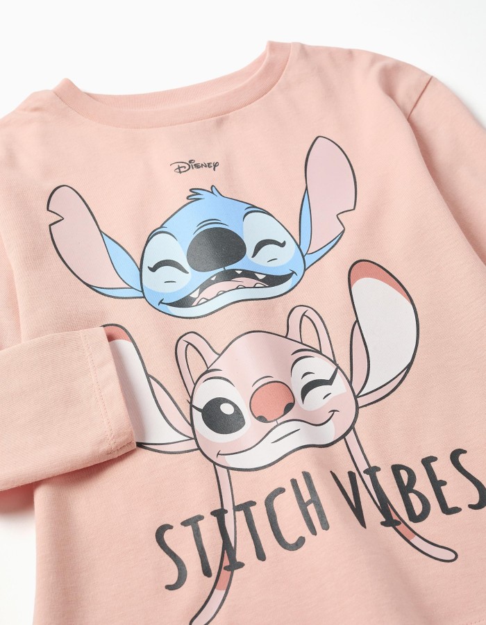 Long sleeve cotton T-shirt with Stitch Vibes print for girls, light pink