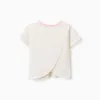 Cotton T-shirt with embroidered collar for girls, light beige/pink