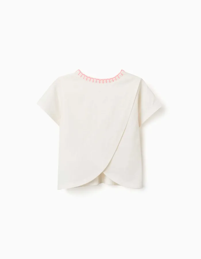 Cotton T-shirt with embroidered collar for girls, light beige/pink