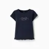 Cotton T-shirt with print and ruffled hem for girls, navy blue