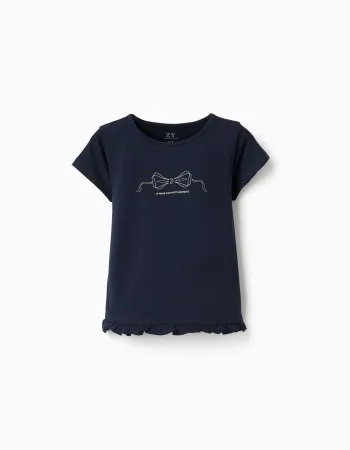Cotton T-shirt with print and ruffled hem for girls, navy blue