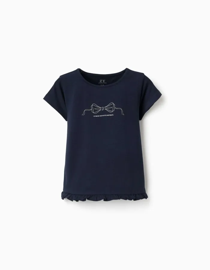 Cotton T-shirt with print and ruffled hem for girls, navy blue