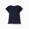 Cotton T-shirt with print and ruffled hem for girls, navy blue