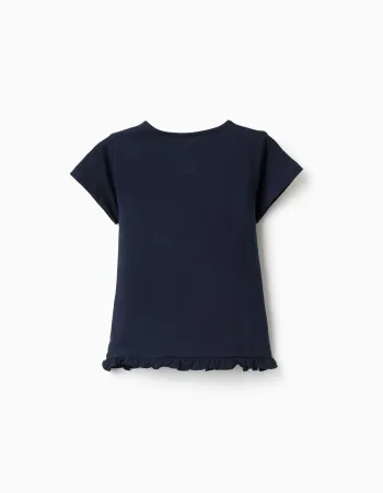 Cotton T-shirt with print and ruffled hem for girls, navy blue