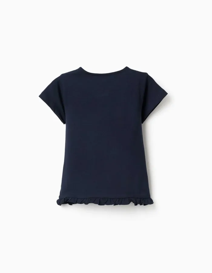 Cotton T-shirt with print and ruffled hem for girls, navy blue