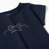Cotton T-shirt with print and ruffled hem for girls, navy blue