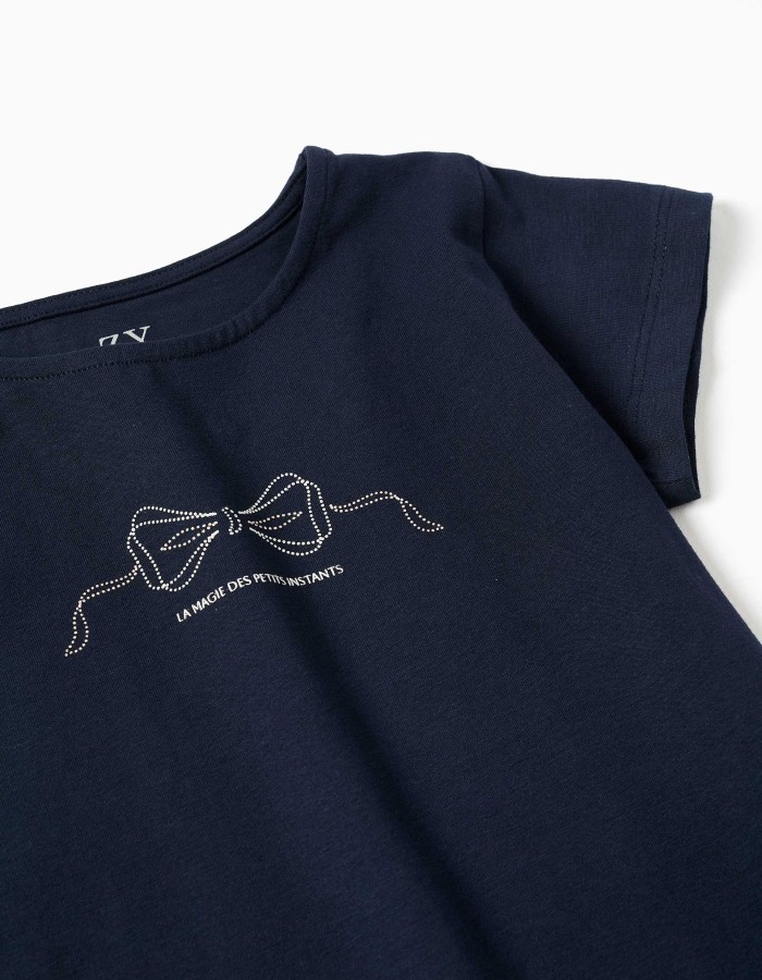 Cotton T-shirt with print and ruffled hem for girls, navy blue