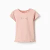 Cotton T-shirt with print and ruffled hem for girls, light pink