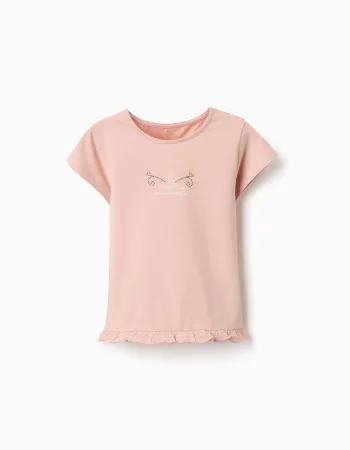 Cotton T-shirt with print and ruffled hem for girls, light pink