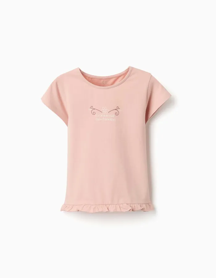 Cotton T-shirt with print and ruffled hem for girls, light pink