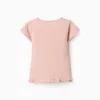 Cotton T-shirt with print and ruffled hem for girls, light pink