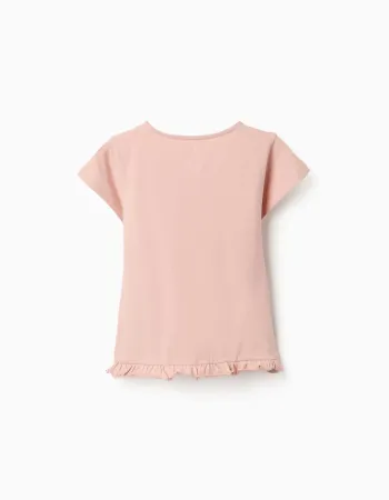 Cotton T-shirt with print and ruffled hem for girls, light pink