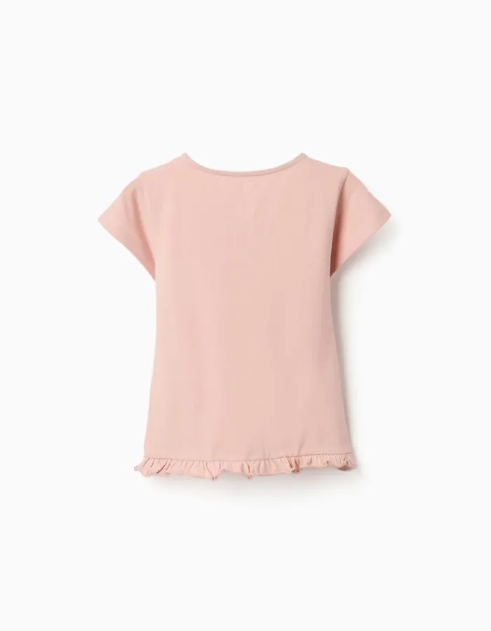 Cotton T-shirt with print and ruffled hem for girls, light pink