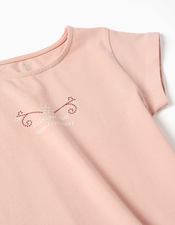 Cotton T-shirt with print and ruffled hem for girls, light pink