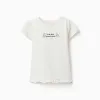 Cotton T-shirt with print and ruffled hem for girls, white