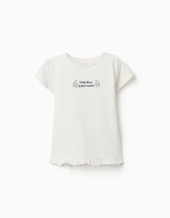 Cotton T-shirt with print and ruffled hem for girls, white