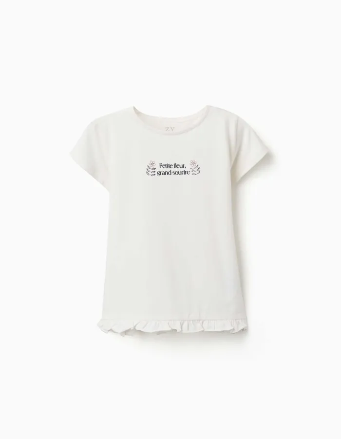 Cotton T-shirt with print and ruffled hem for girls, white